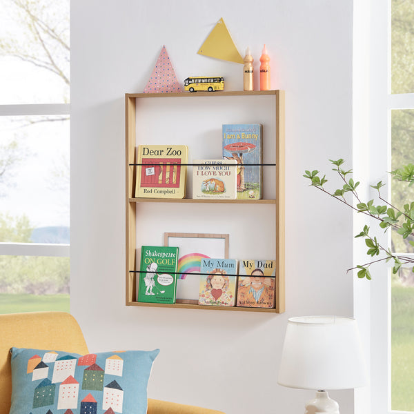 Danya B Steiner Beech Square Modern 2-Tier Kids Book Or Toy Figure Display Unit Wall Mounted Bookshelf With Contrasting Black Rods