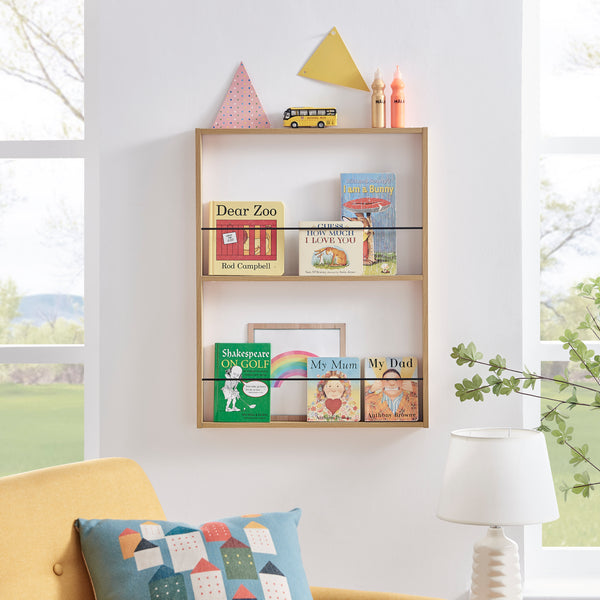 danya b Steiner Beech Square Modern 2-Tier Kids Book or Toy Figure Display Unit Wall Mounted Bookshelf with Contrasting Black Rods