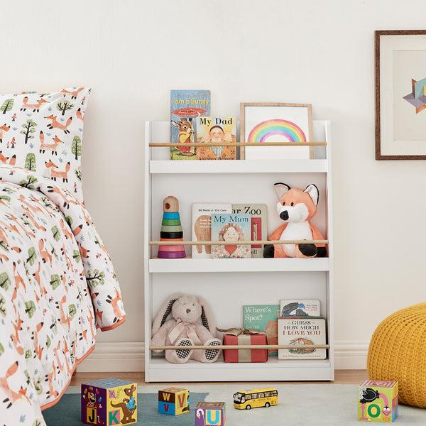 Danya B Steiner White 3-Tier Kids Book Or Magazine Storage Freestanding Bookcase With Contrasting Wood-Toned Rods