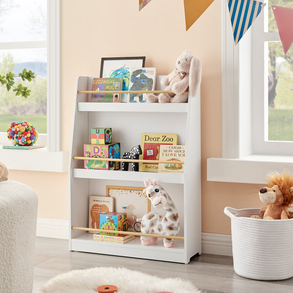 Danya B Steiner White 3-Tier Kids Book Or Magazine Storage Freestanding Bookcase With Contrasting Wood-Toned Rods