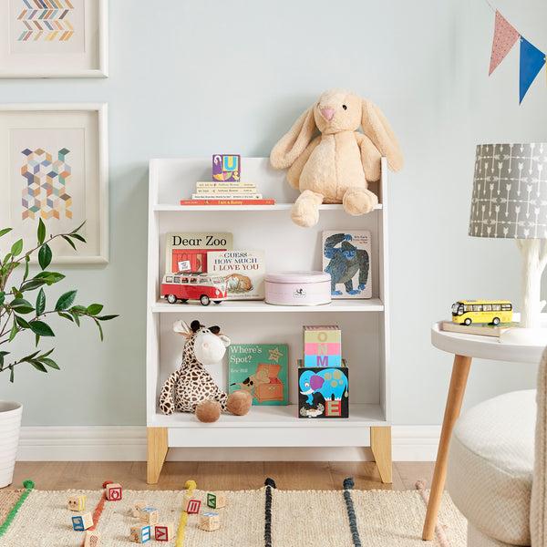 Danya B Steiner White 3-Tier Kids Book Or Toy Figure Display Unit Freestanding Bookshelf With Contrasting Wood-Toned Legs