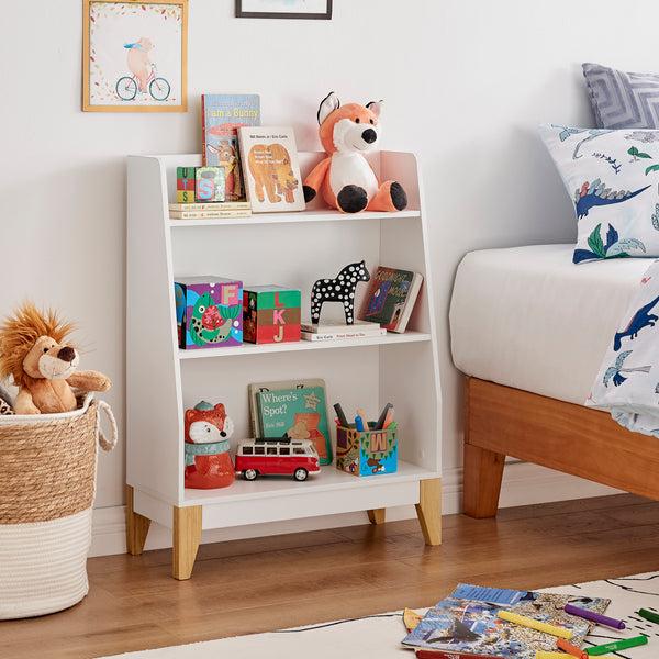 Danya B Steiner White 3-Tier Kids Book Or Toy Figure Display Unit Freestanding Bookshelf With Contrasting Wood-Toned Legs