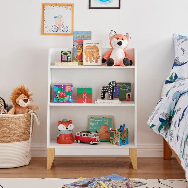 danya b Steiner White 3-Tier Kids Book or Toy Figure Display Unit Freestanding Bookshelf with Contrasting Wood-Toned Legs