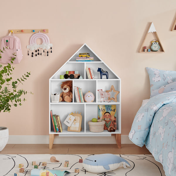 danya B Steiner White Dollhouse 8-Compartment Kids Book Or Toy Figure Display Unit Freestanding Bookshelf With Beech Legs