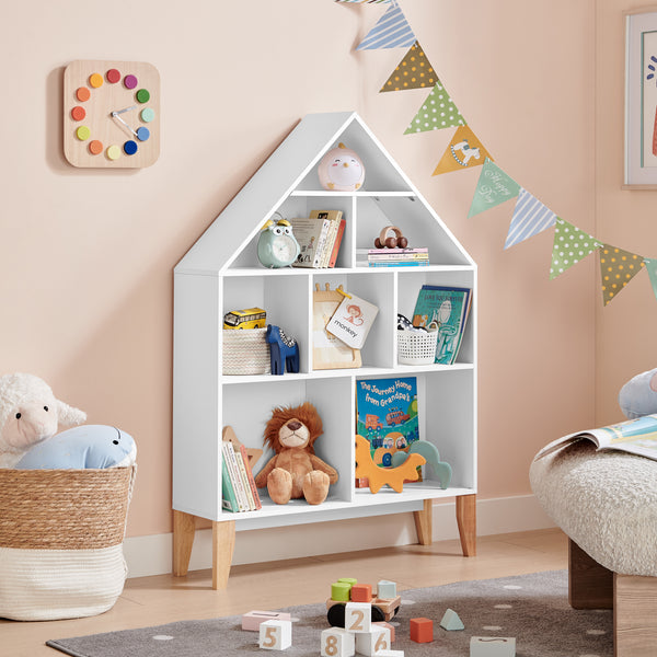 danya B Steiner White Dollhouse 8-Compartment Kids Book Or Toy Figure Display Unit Freestanding Bookshelf With Beech Legs