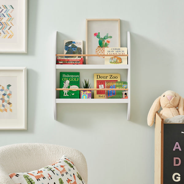 Danya B Steiner White Rounded Contemporary 2-Tier Kids Book Or Magazine Storage Wall-Mount Bookcase With Contrasting Wood-toned Rods