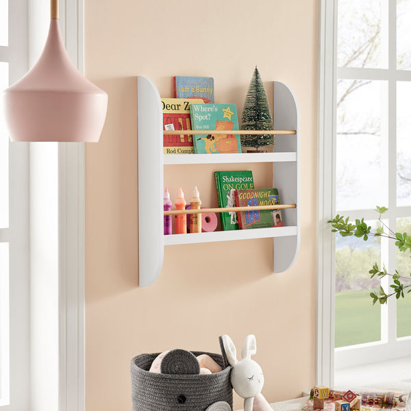Danya B Steiner White Rounded Contemporary 2-Tier Kids Book Or Magazine Storage Wall-Mount Bookcase With Contrasting Wood-toned Rods