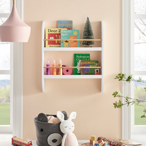 danya b Steiner White Rounded Contemporary 2-Tier Kids Book or Magazine Storage Wall-Mount Bookcase with Contrasting Wood-toned Rods