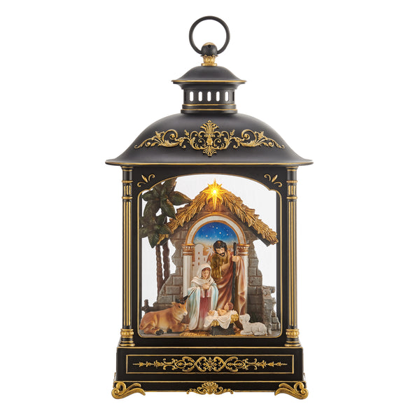 Danya B Tabletop Antique Black And Gold Ornate Christmas Nativity Scene Diorama Lighted Lantern Decoration