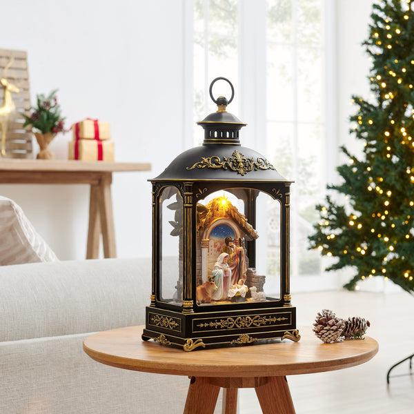 Danya B Tabletop Antique Black And Gold Ornate Christmas Nativity Scene Diorama Lighted Lantern Decoration