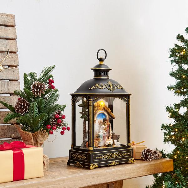 Danya B Tabletop Antique Black And Gold Ornate Christmas Nativity Scene Diorama Lighted Lantern Decoration