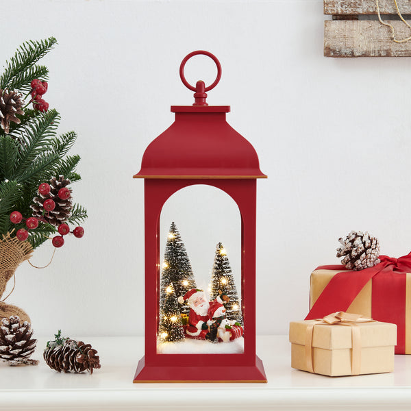 Danya B Tabletop Red Christmas Santa Winter Scene Diorama Lighted Lantern Decoration