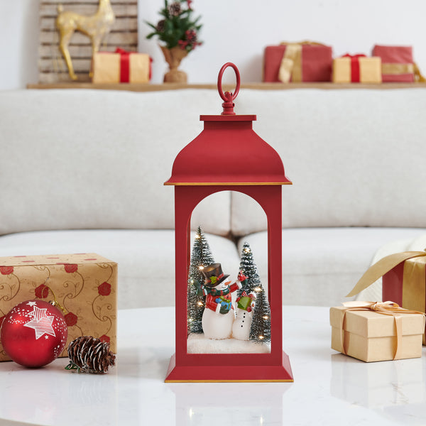 danya b Tabletop Red Christmas Snowman Winter Scene Diorama Lighted Lantern Decoration