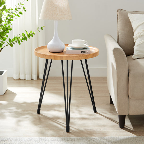 danya b Tadao Raised Lip Edge Side Table with Modern Black Metal Hairpin Legs - Round