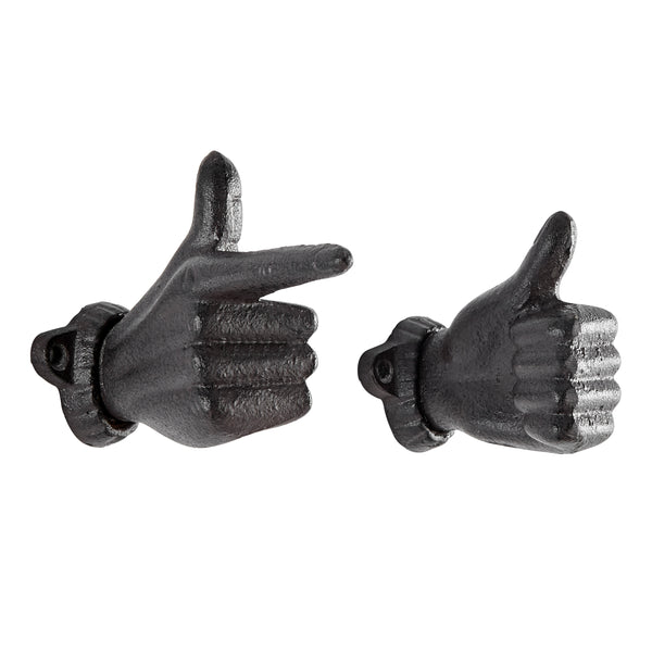 Danya B "Thumbs Up & Pointing Finger" Dark Brown Cast Iron Wall Mount Hook Set (Set Of 2)