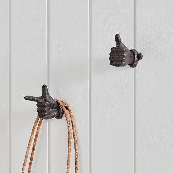 danya b "Thumbs up & Pointing Finger" Dark Brown Cast Iron Wall Mount Hook Set (Set of 2)