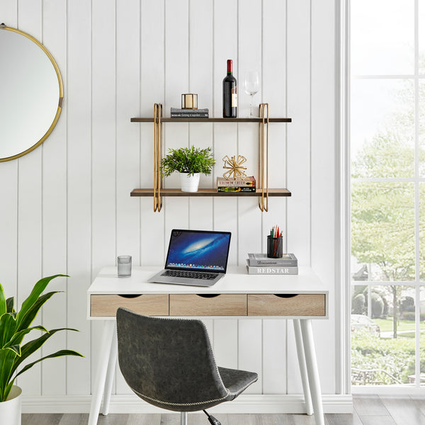 Danya B Two-Tier Warm Gold And Washed Oak Brown Metal Hanging Bracket Wall Mounted Shelf