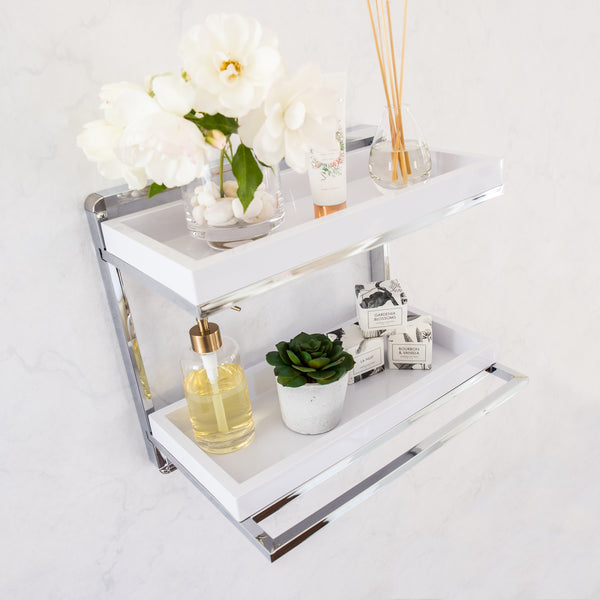 Danya B Wall Mount 2-Tier Chrome Shelving Unit With Towel Rack And 2 White Removable Trays