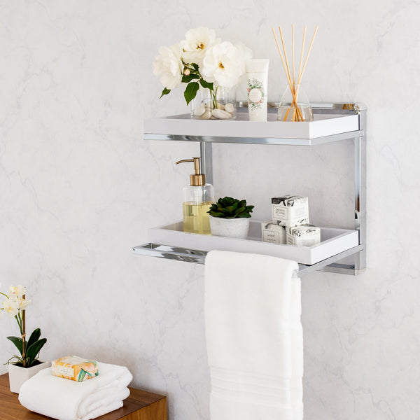 danya b Wall Mount 2-Tier Chrome Shelving Unit with Towel Rack and 2 White Removable Trays
