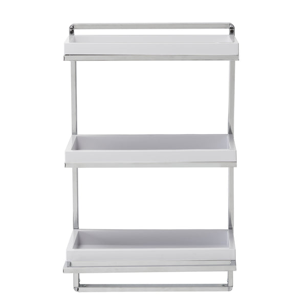 Danya B Wall Mount 3-Tier White And Chrome Bathroom Shelf With Towel Bar And Removable Trays