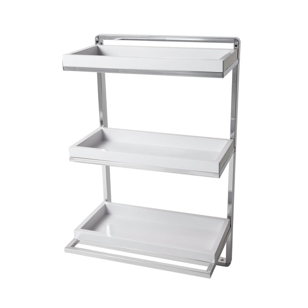Danya B Wall Mount 3-Tier White And Chrome Bathroom Shelf With Towel Bar And Removable Trays