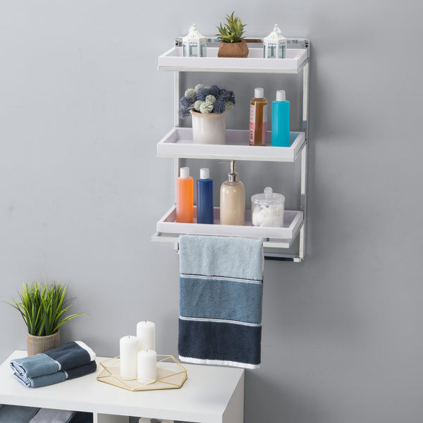 danya b Wall Mount 3-Tier White and Chrome Bathroom Shelf with Towel Bar and Removable Trays