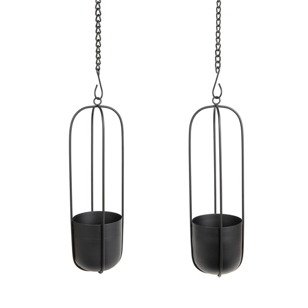 Danya B Walter 2-Piece Modern Black Metal Oval Hanging Planter Set With Chain Hanging Option