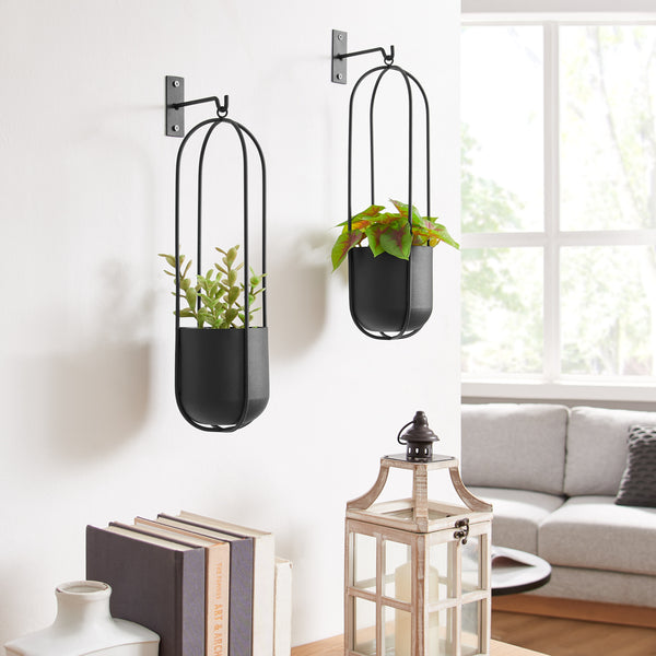 danya b Walter 2-Piece Modern Black Metal Oval Hanging Planter Set with Chain Hanging Option