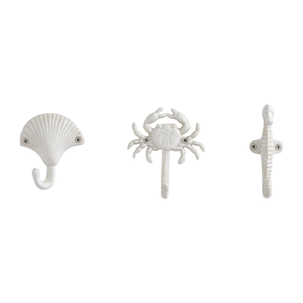 Danya B White Cast Iron Nautical Ocean Figure Sculpture Decorative Utility Wall Hook Set Of 3 - Seashell Crab Seahorse