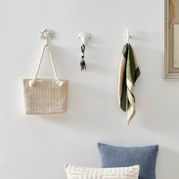 danya b White Cast Iron Nautical Ocean Figure Sculpture Decorative Utility Wall Hook Set of 3 - Seashell Crab Seahorse