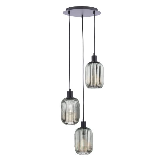där lighting 3 Light Cluster Pendant Matt Black and Smoked Glass
