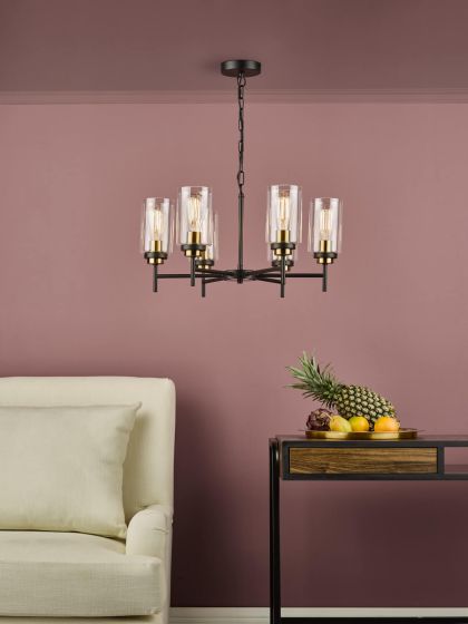 Där Lighting Abel 6 Light Pendant Satin Black & Gold With Glass Shades