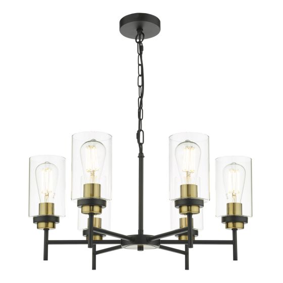 där lighting Abel 6 Light Pendant Satin Black & Gold with Glass Shades