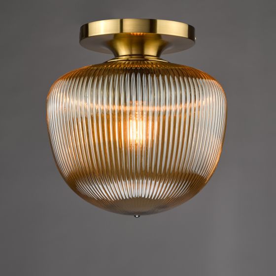 Där Lighting Abrielle Flush Brushed Bronze And Amber Ribbed Glass