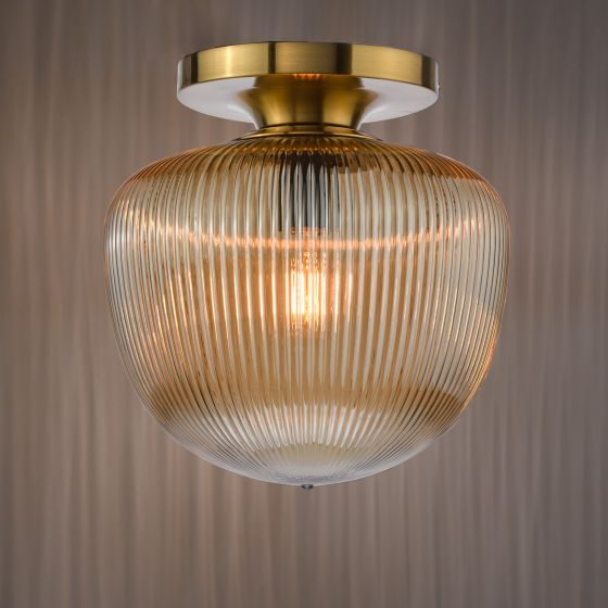 Där Lighting Abrielle Flush Brushed Bronze And Amber Ribbed Glass