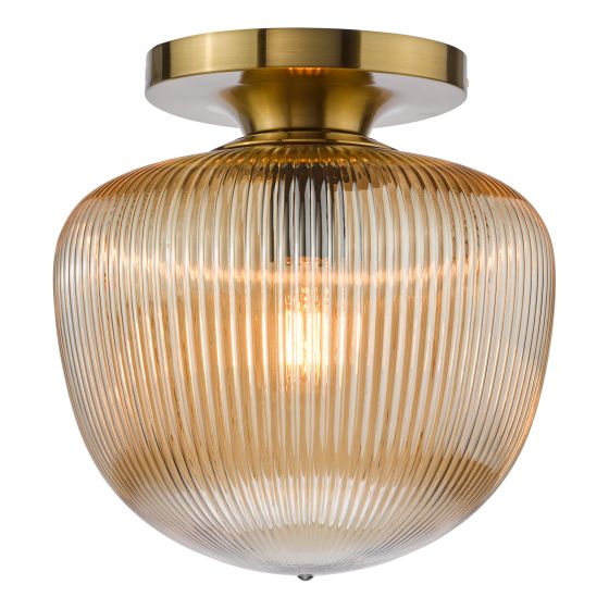 där lighting Abrielle Flush Brushed Bronze and Amber Ribbed Glass