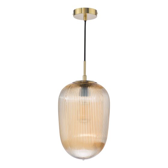 Där Lighting Abrielle Pendant Brushed Bronze And Amber Ribbed Glass