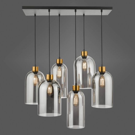 Där Lighting Alma 6 Light Bar Pendant Matt Black & Brass With Smoked Glass