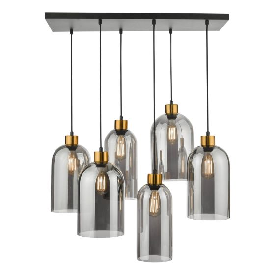 där lighting Alma 6 Light Bar Pendant Matt Black & Brass with Smoked Glass