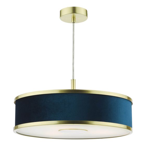 där lighting Alvaro 3 Light Pendant Brushed Brass With Blue Shade