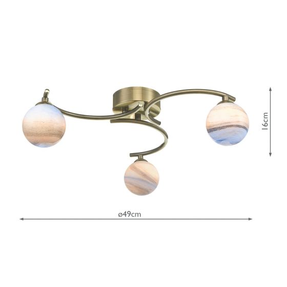 Där Lighting Atiya 3 Light Semi Flush Antique Brass With Planet Style Glass