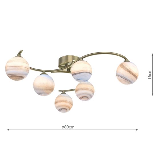 Där Lighting Atiya 6 Light Semi Flush Antique Brass With Planet Art Glass