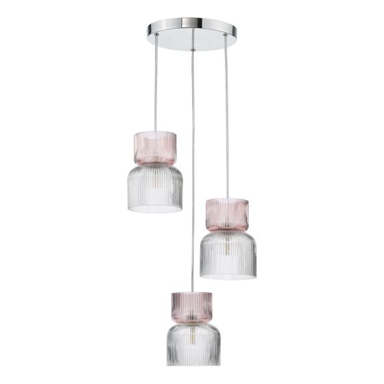 Där Lighting Auberta 3 Light Cluster Pendant Polished Chrome And Pink Ribbed Glass
