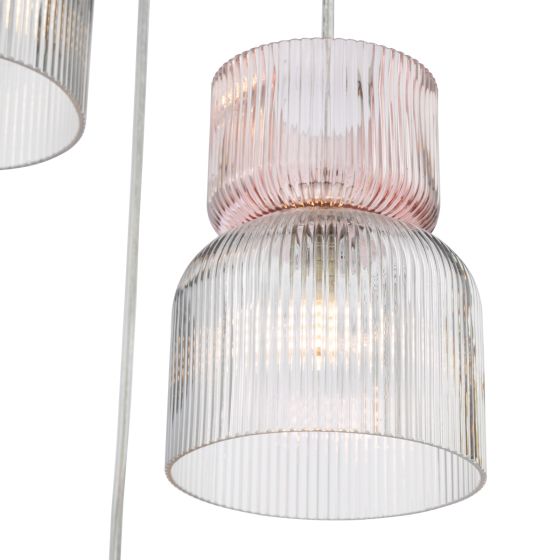 Där Lighting Auberta 3 Light Cluster Pendant Polished Chrome And Pink Ribbed Glass