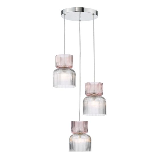 där lighting Auberta 3 Light Cluster Pendant Polished Chrome and Pink Ribbed Glass