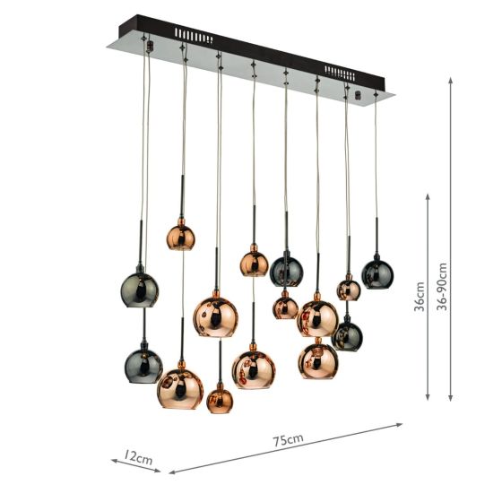 Där Lighting Aurelia 15 Light Bar Pendant Black Chrome & Copper/Bronze Glass