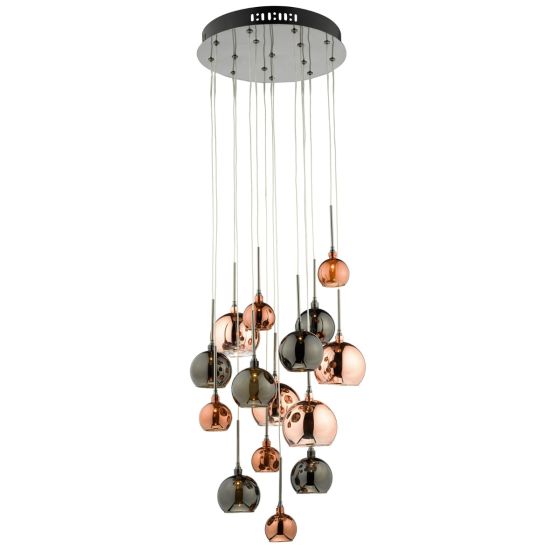 där lighting Aurelia 15lt Cluster Pendant Black Chrome & Copper/Bronze Glass