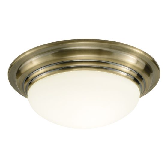 där lighting Barclay Large Bathroom Flush Antique Brass Opal Glass IP44