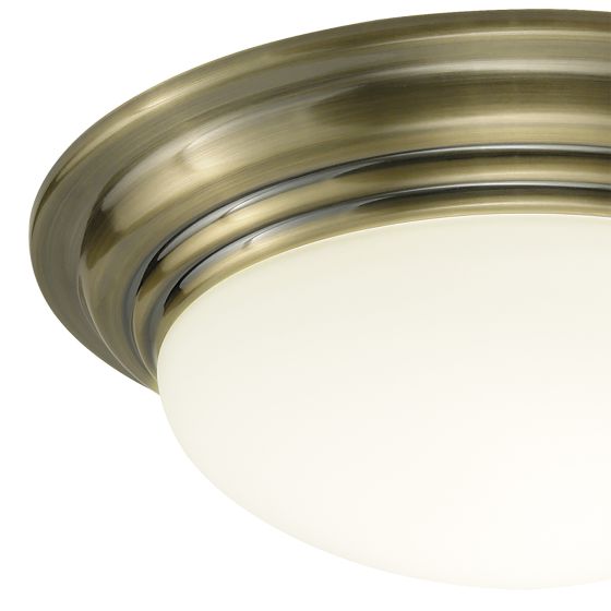 där lighting Barclay Small Bathroom Flush Antique Brass Opal Glass IP44