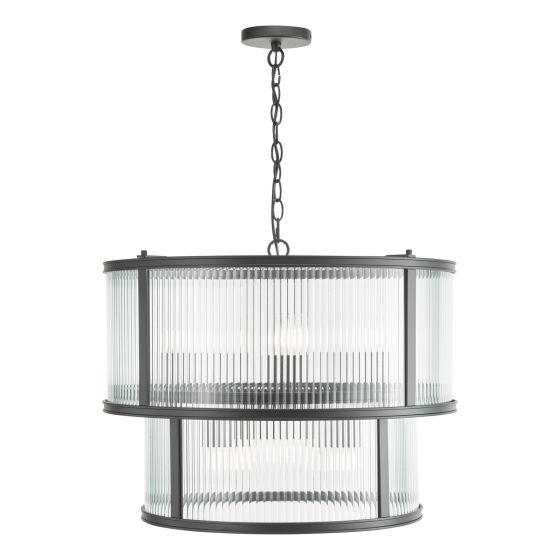 där lighting Bianka 6 Light Pendant Matt Black and Ribbed Glass